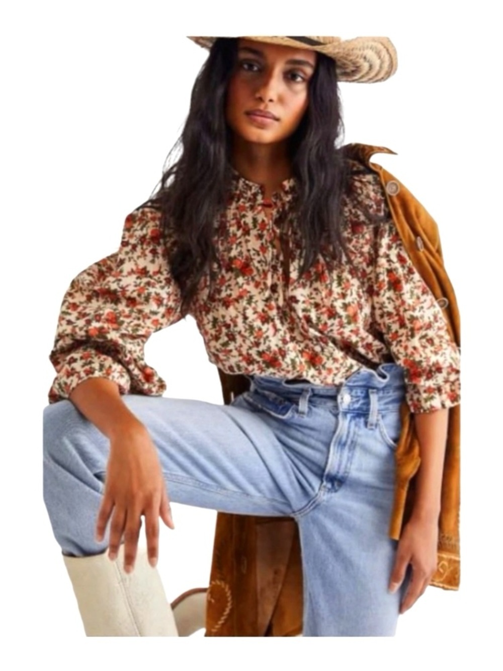 Free People Meant To Be Floral Boho Blouse Size S Ruffle Tie Neck Cotton - Picture 2 of 11